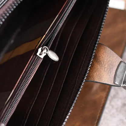 Men PU Leather Zippered Wallet Brown
