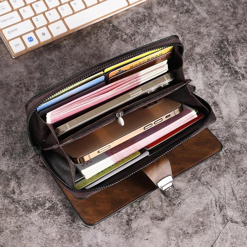 Men PU Leather Zippered Wallet Brown