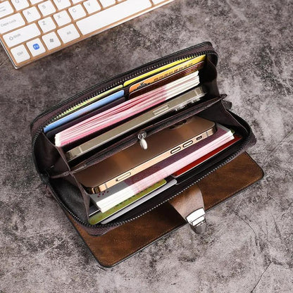 Men PU Leather Zippered Wallet Brown