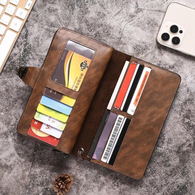 Men PU Leather Zippered Wallet Brown