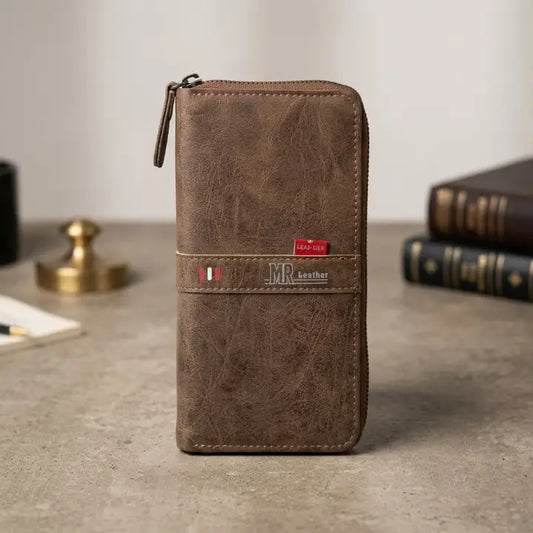 MR Leather Wallet with Zipper | Premium Men's Leather Wallet | Multi-Card Holder | Cash & Coin Pocket | Secure Zip Closure | Color Brown